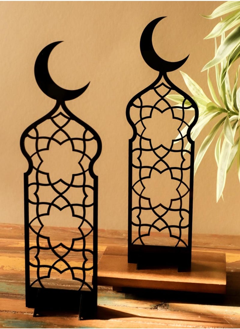 LOWHA - Set of 2 Acrylic Decor Stands in Ramadan Crescent Shape with Islamic Pattern - Image 1