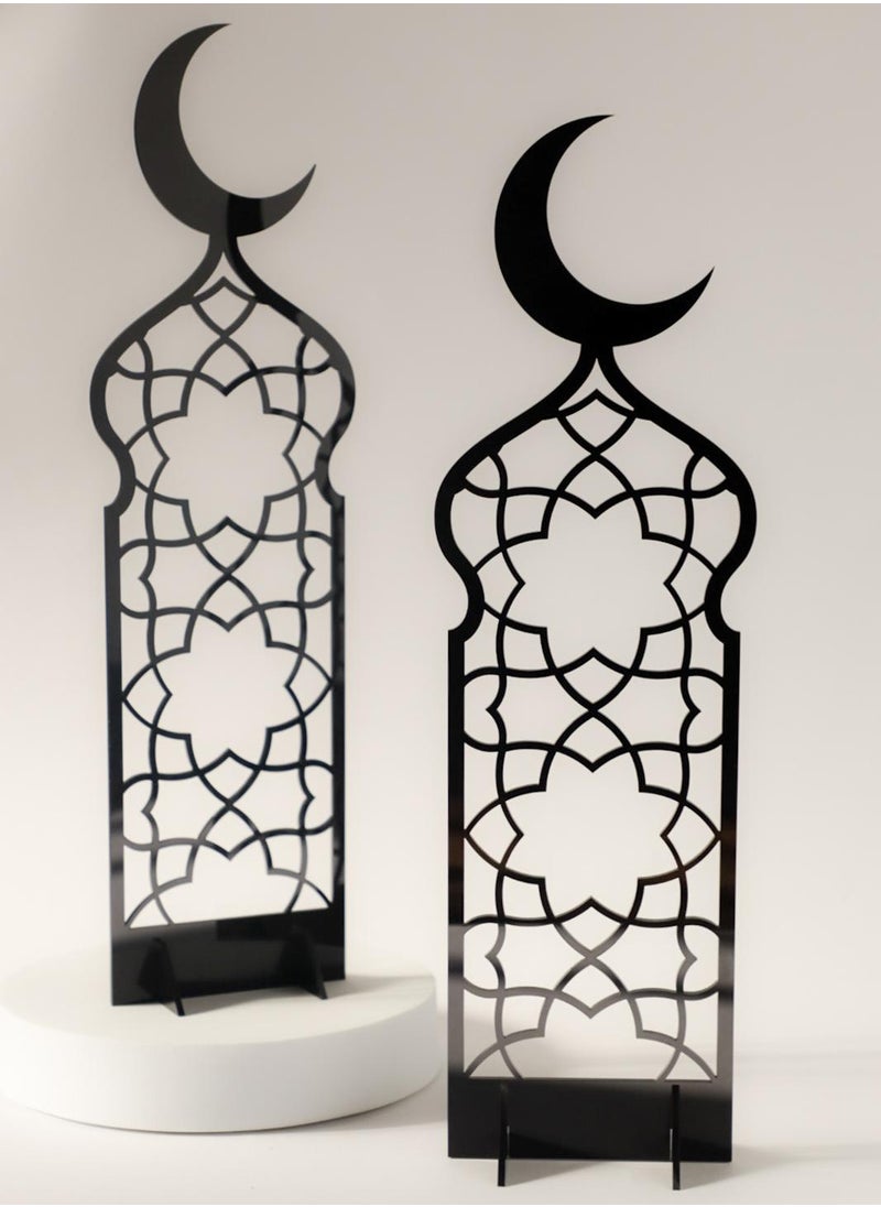 LOWHA - Set of 2 Acrylic Decor Stands in Ramadan Crescent Shape with Islamic Pattern - Image 1