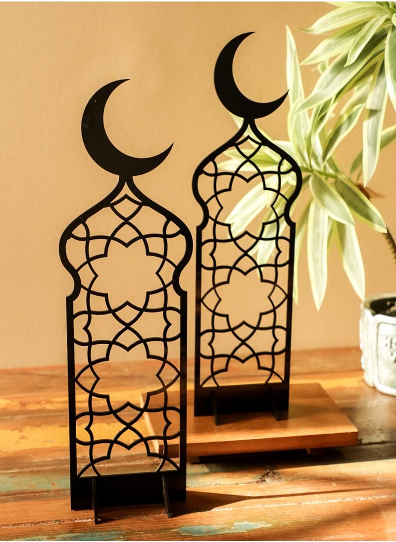 LOWHA - Set of 2 Acrylic Decor Stands in Ramadan Crescent Shape with Islamic Pattern - Image 1