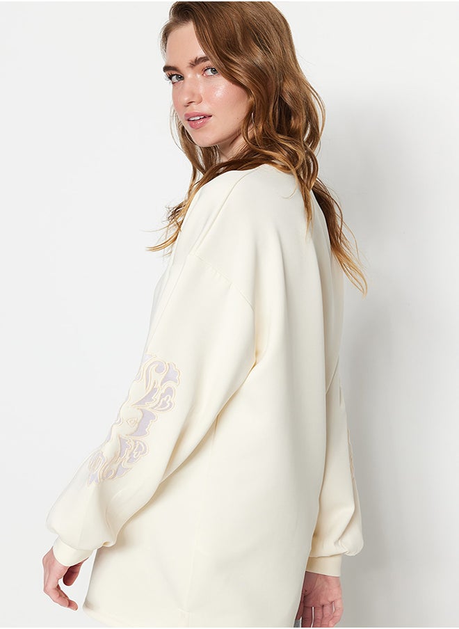 trendyol Ecru Sleeve Embroidery Detail Scuba Knitted Sweatshirt TCTSS23UK00042  - Image 4