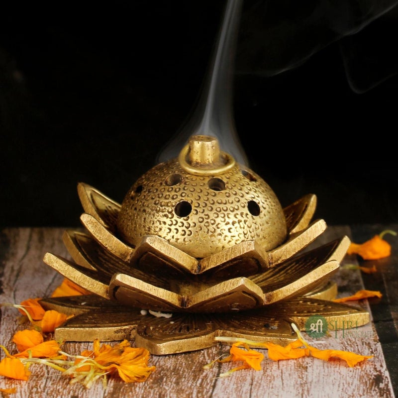 Profound Craft Brass Lotus Shape Dhuni Loban Incense Burner Pooja Dhoop for Temple 4x4x4 cm
