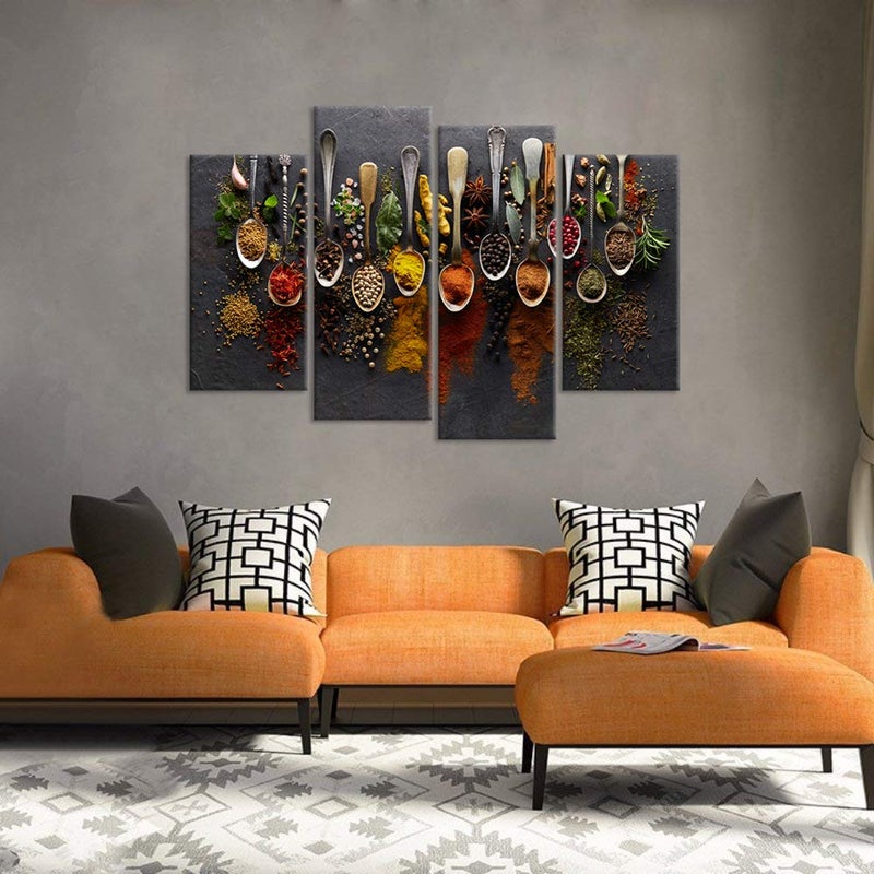 iHAPPYWALL Kitchen Pictures Wall Decor 4 Pieces Couful Spice in Spoon Vintage Canvas Wall Art Food Photos Painting On Canvas Stretched Framed Home Decoration Gift Ready to Hang - Image 2