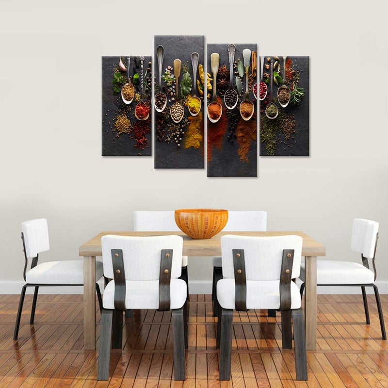 iHAPPYWALL Kitchen Pictures Wall Decor 4 Pieces Couful Spice in Spoon Vintage Canvas Wall Art Food Photos Painting On Canvas Stretched Framed Home Decoration Gift Ready to Hang - Image 5