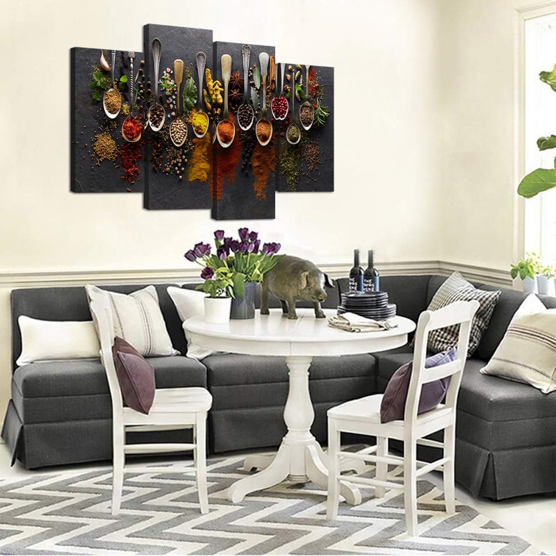 iHAPPYWALL Kitchen Pictures Wall Decor 4 Pieces Couful Spice in Spoon Vintage Canvas Wall Art Food Photos Painting On Canvas Stretched Framed Home Decoration Gift Ready to Hang - Image 3