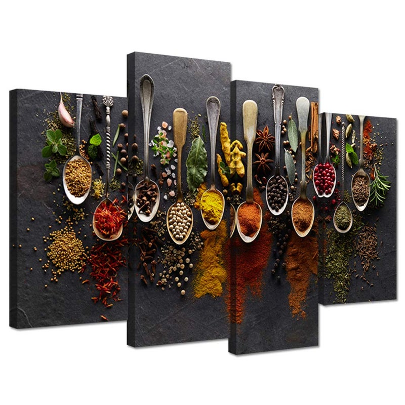 iHAPPYWALL Kitchen Pictures Wall Decor 4 Pieces Couful Spice in Spoon Vintage Canvas Wall Art Food Photos Painting On Canvas Stretched Framed Home Decoration Gift Ready to Hang - Image 1
