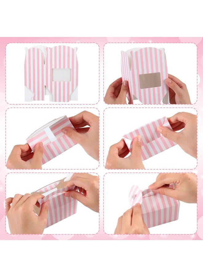 Mooliwe 50 Pcs 4 x 2.5 x 2.5 Inch Gable Boxes for Party Favors Bulk Pink and White Striped Paper Barn Boxes with Clear Window for Princess Baby Shower Birthday Wedding Party Favors - Image 4
