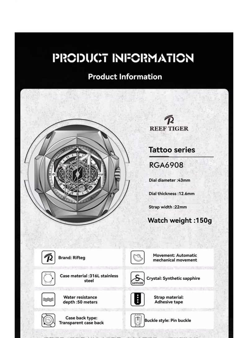 REEF TIGER fully automatic mechanical watch men's fashion trend waterproof night light large dial watch - Image 3