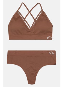 Ellesse Women 2 Pieces Padded Brand Logo Bralette And Thong Set, Brown  - Image 1