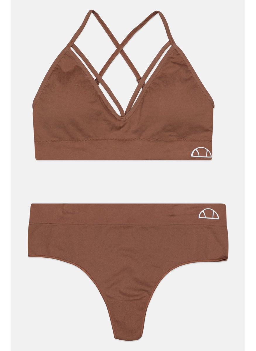 Ellesse Women 2 Pieces Padded Brand Logo Bralette And Thong Set, Brown  - Image 1