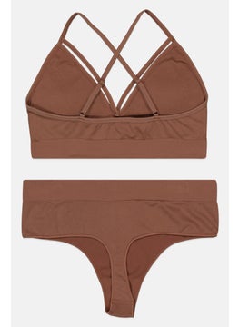 Ellesse Women 2 Pieces Padded Brand Logo Bralette And Thong Set, Brown  - Image 2