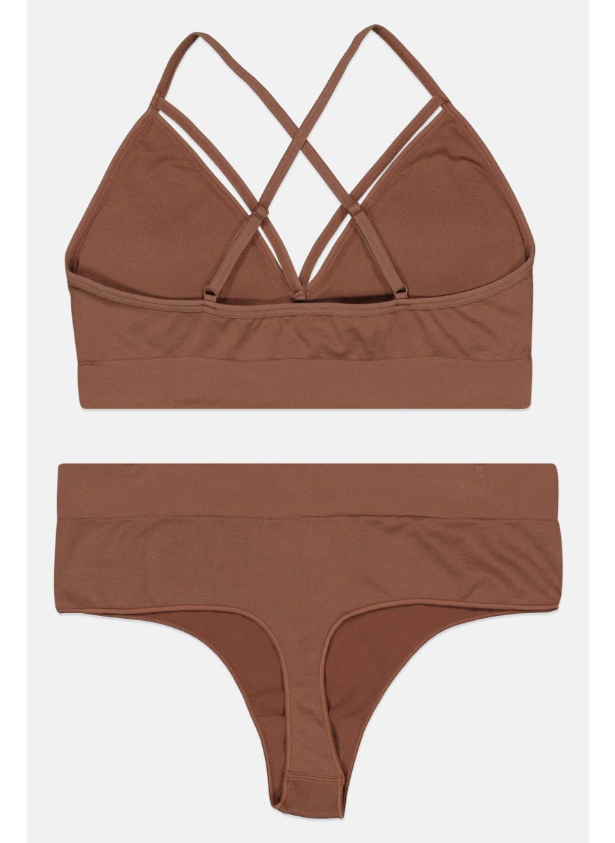 Ellesse Women 2 Pieces Padded Brand Logo Bralette And Thong Set, Brown  - Image 2