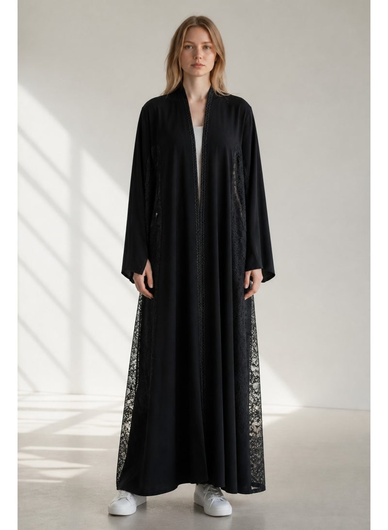AMA_Apparel Women's Black Lace Panel Open Front Abaya - Reem | Modest Long Sleeve Maxi with Sheer Side Detail - Image 1