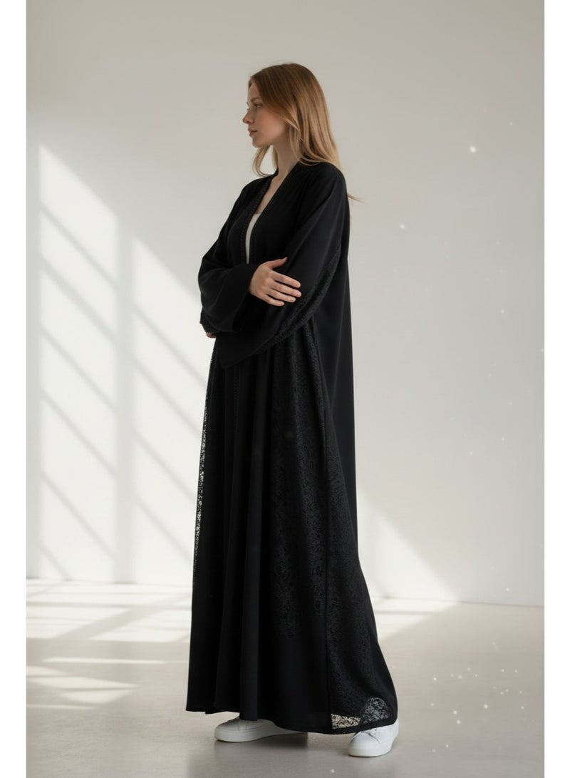 AMA_Apparel Women's Black Lace Panel Open Front Abaya - Reem | Modest Long Sleeve Maxi with Sheer Side Detail - Image 2