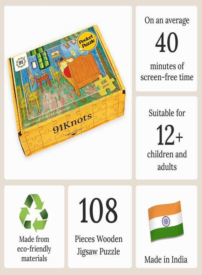91Knots | The Bedroom by Vincent Van Gogh 108 Pieces Premium Wooden Small Jigsaw Puzzle for Adults & Teens | Classical Art Brain Teaser | Mindfulness Activity | Travel-Friendly Gift - Image 3