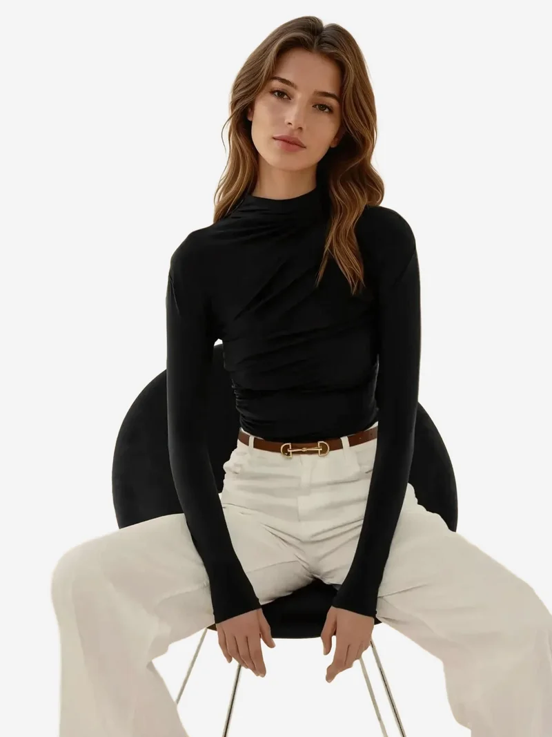 HICCUP Black High Collar Drape Detail Blouse for Women | Best Price UAE