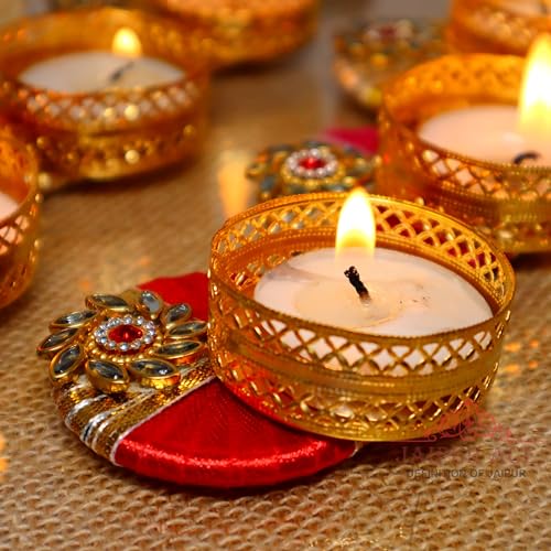 Jaipur Ace Decorative Diwali Tealight Diya | Traditional Handmade Kundan Work Set for Home Decoration | for Ganesh Chaturthi Laxmi Pooja (Set of 6) - Image 2