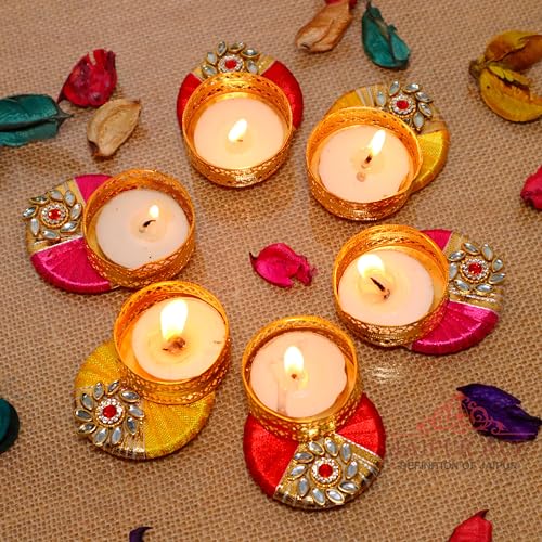 Jaipur Ace Decorative Diwali Tealight Diya | Traditional Handmade Kundan Work Set for Home Decoration | for Ganesh Chaturthi Laxmi Pooja (Set of 6) - Image 1