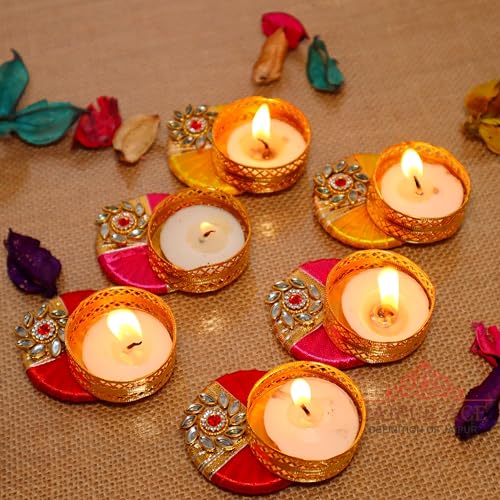 Jaipur Ace Decorative Diwali Tealight Diya | Traditional Handmade Kundan Work Set for Home Decoration | for Ganesh Chaturthi Laxmi Pooja (Set of 6) - Image 3