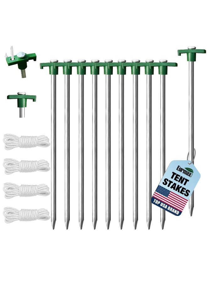 Eurmax Galvanized Non-Rust Camping Family Tent Pop Up Canopy Stakes 10pc-Pack, Bonus 4x10ft Ropes & 1 Green Stopper - Image 1