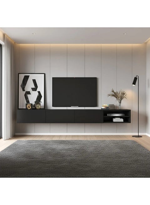 Black wall TV table 200 cm - TV53 30x200x23.4 cm