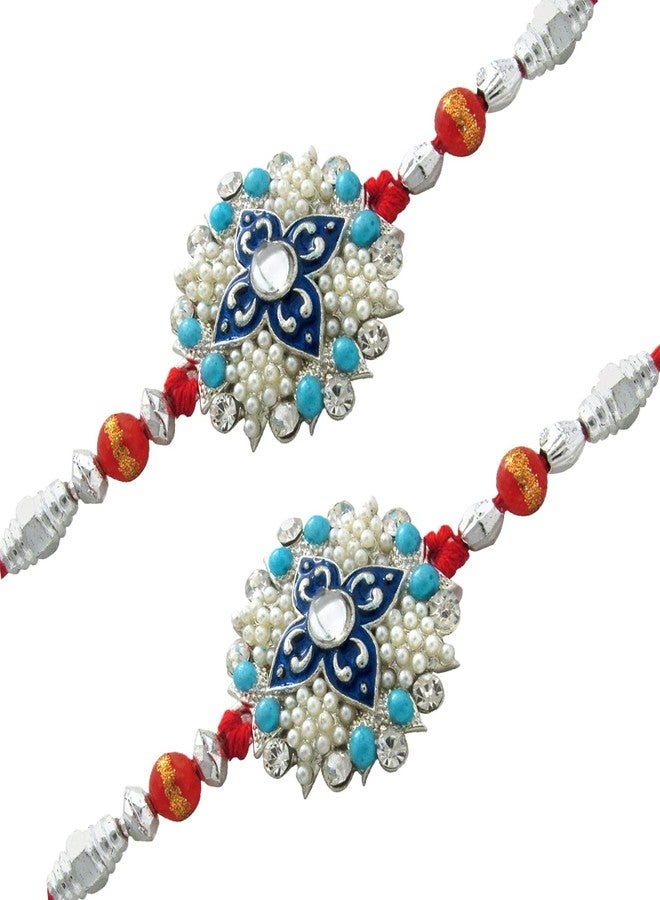 Mahi Rhodium Plated Combo of 2 Florid Rakhi with Crystals and Artificial Pearls (Bracelet) for Adroable Brother (RCO1105007RC) - Image 3
