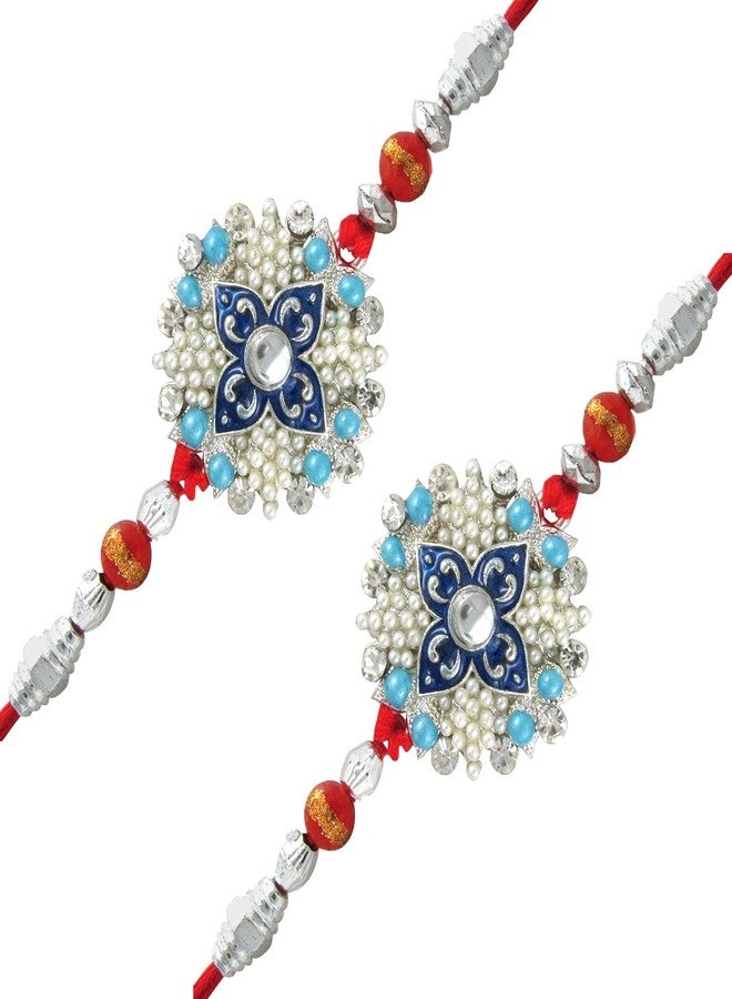 Mahi Rhodium Plated Combo of 2 Florid Rakhi with Crystals and Artificial Pearls (Bracelet) for Adroable Brother (RCO1105007RC) - Image 1