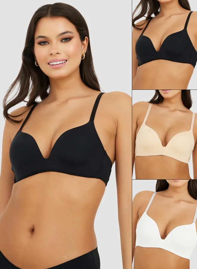 ستايلي Styli Pack of 3 - Solid Padded Non Wired Plunge Bra
