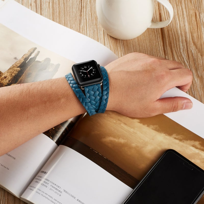 For Apple Watch Series 7 41mm / 6 & SE & 5 & 4 40mm / 3 & 2 & 1 38mm Top-grain Leather Embossed Crown Watch Band(Blue)