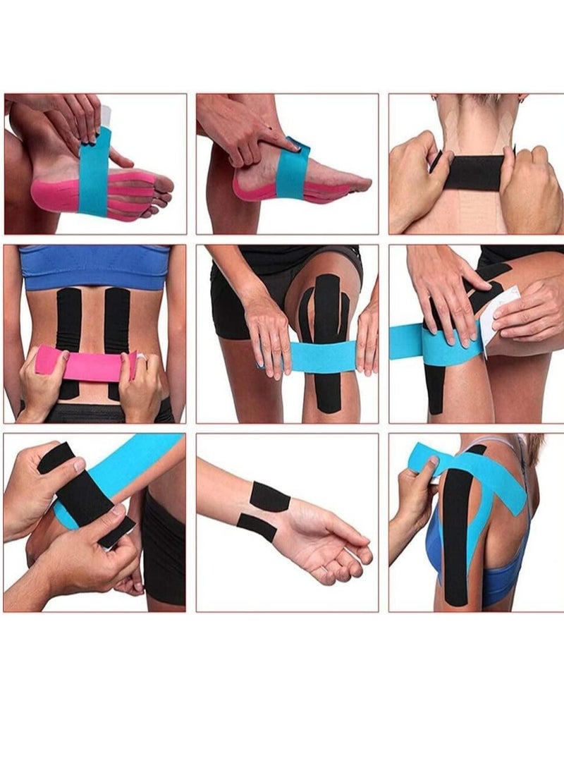 FengSVMA 4 Rolls Waterproof Breathable Kinesiology Tape, Athletic Elastic Kneepad Muscle Pain Relief Knee Taping for Gym Fitness Running Tennis Swimming Football (Black, Skin, Pink, Light Blue) - Image 3