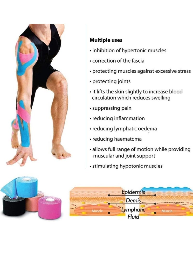FengSVMA 4 Rolls Waterproof Breathable Kinesiology Tape, Athletic Elastic Kneepad Muscle Pain Relief Knee Taping for Gym Fitness Running Tennis Swimming Football (Black, Skin, Pink, Light Blue) - Image 4