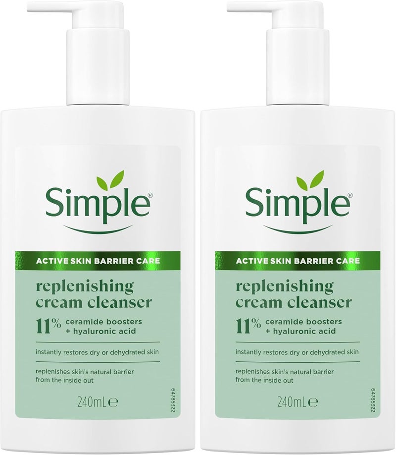Simple Replenishing Cream Cleanser Gentle Face Wash with ProCeramides Hyaluronic Acid Restores Dry Dehydrated Skin Strengthens Skin Barrier 240ml Pack of 2