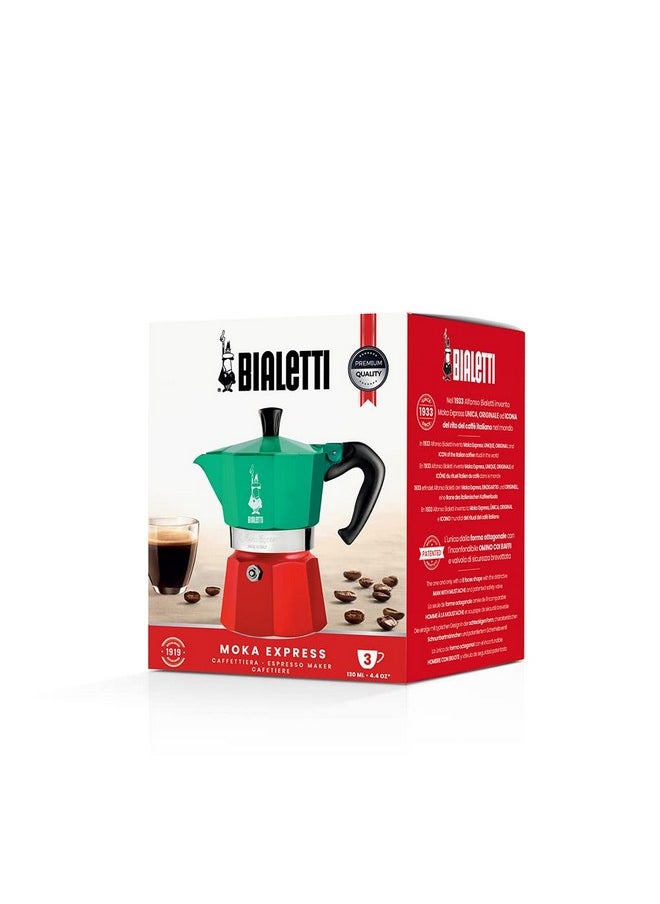 BIALeTTI Bialetti - Moka Express Italia Collection: Iconic Stovetop Espresso Maker, Makes Real Italian Coffee, Moka Pot 3 Cups (4.3 Oz - 130 Ml), Aluminium, Colored in Red Green Silver  - Image 4