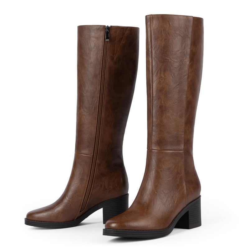 Easyfox Knee High Boots Women Chunky Heel Brown Boots for Women Low Heeled Leather Tall Long Boot Round Toe Dress Block Heel Knee High Fall Boot Size 7.5 - Image 5