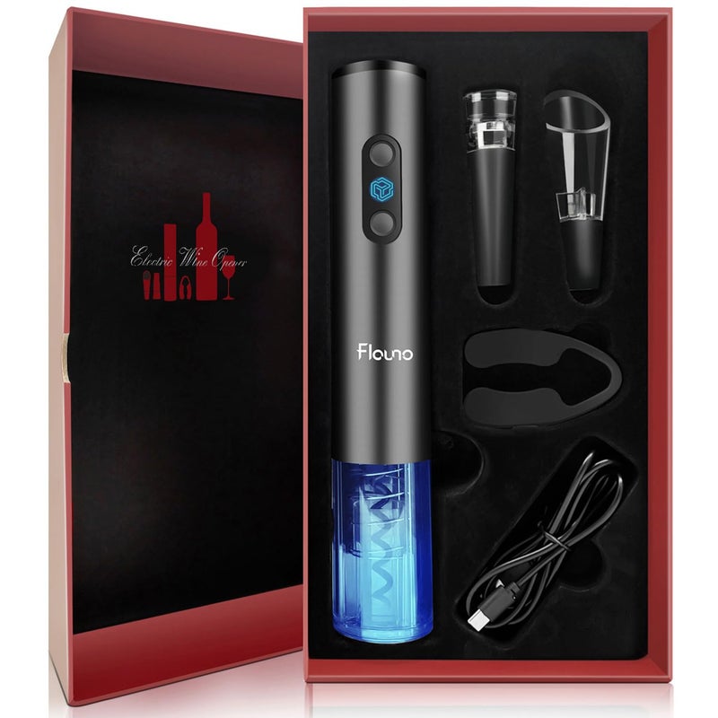 Flauno Flauno Electric Wine Opener Rechargeable Automatic Wine Bottle Corkscrew Opener with Foil Cutter Vacuum Wine Stopper Wine Aerator Pourer USB C Charger Premium Wine Gifts Set