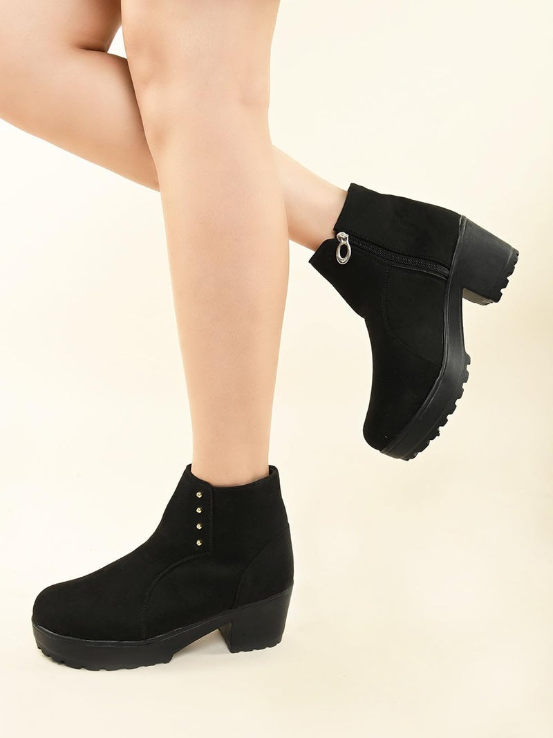 XE Looks 100% Vegan Leather Women's Black Suede Ankle Boots for Women | Chunky Heel with Decorative Studs | Comfortable & Stylish Winter Boots For Girls & Women - Image 4