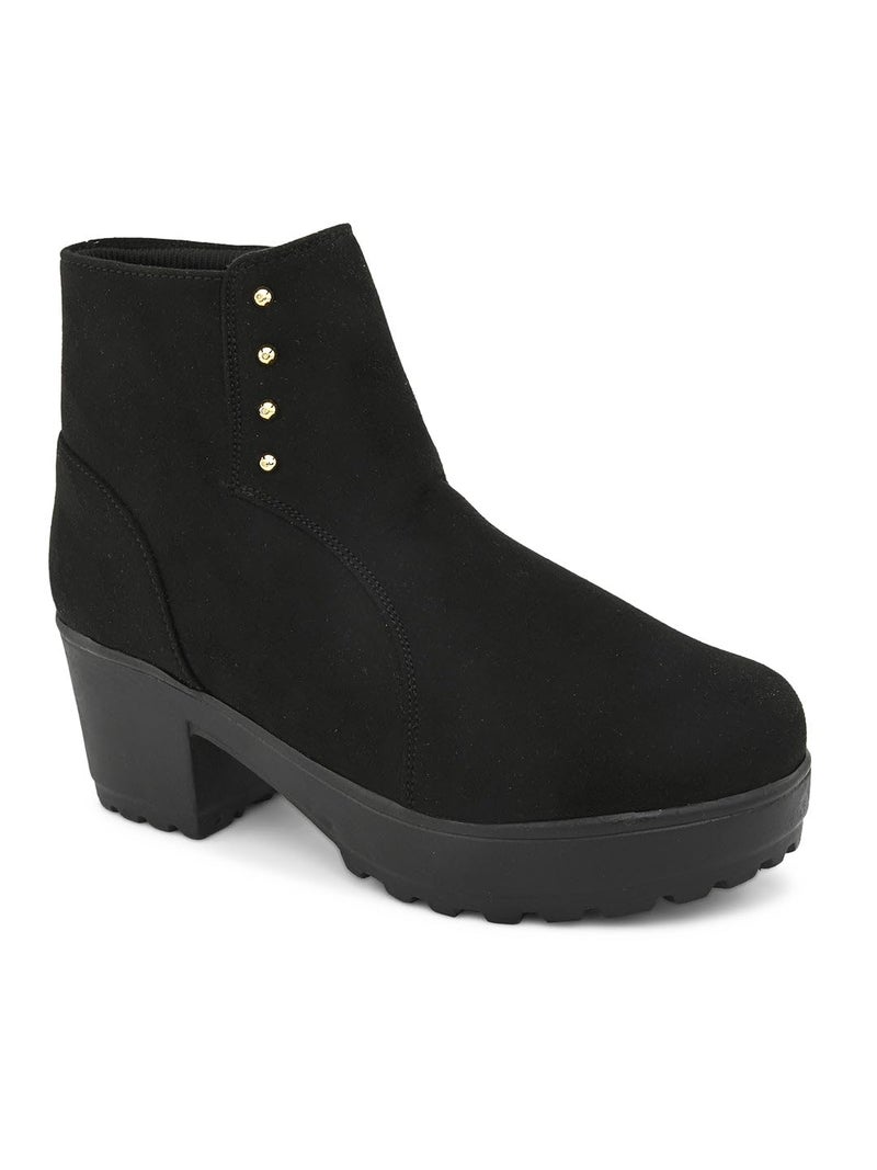 XE Looks 100% Vegan Leather Women's Black Suede Ankle Boots for Women | Chunky Heel with Decorative Studs | Comfortable & Stylish Winter Boots For Girls & Women - Image 5