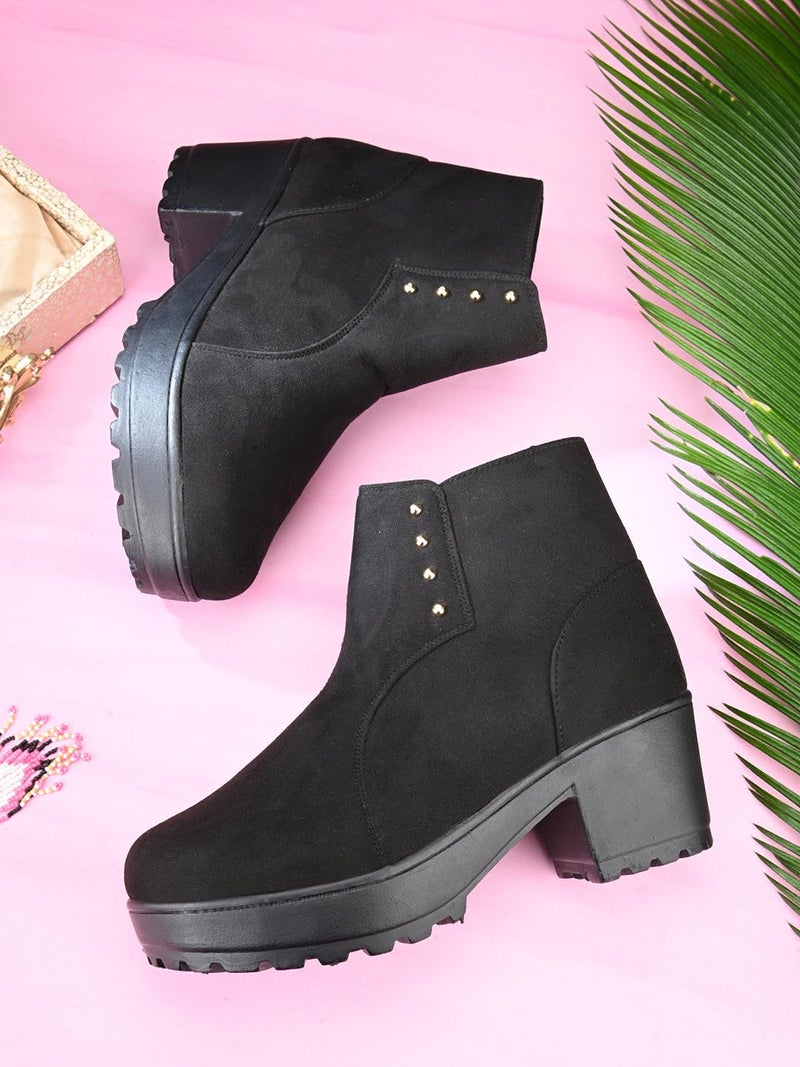 XE Looks 100% Vegan Leather Women's Black Suede Ankle Boots for Women | Chunky Heel with Decorative Studs | Comfortable & Stylish Winter Boots For Girls & Women - Image 2