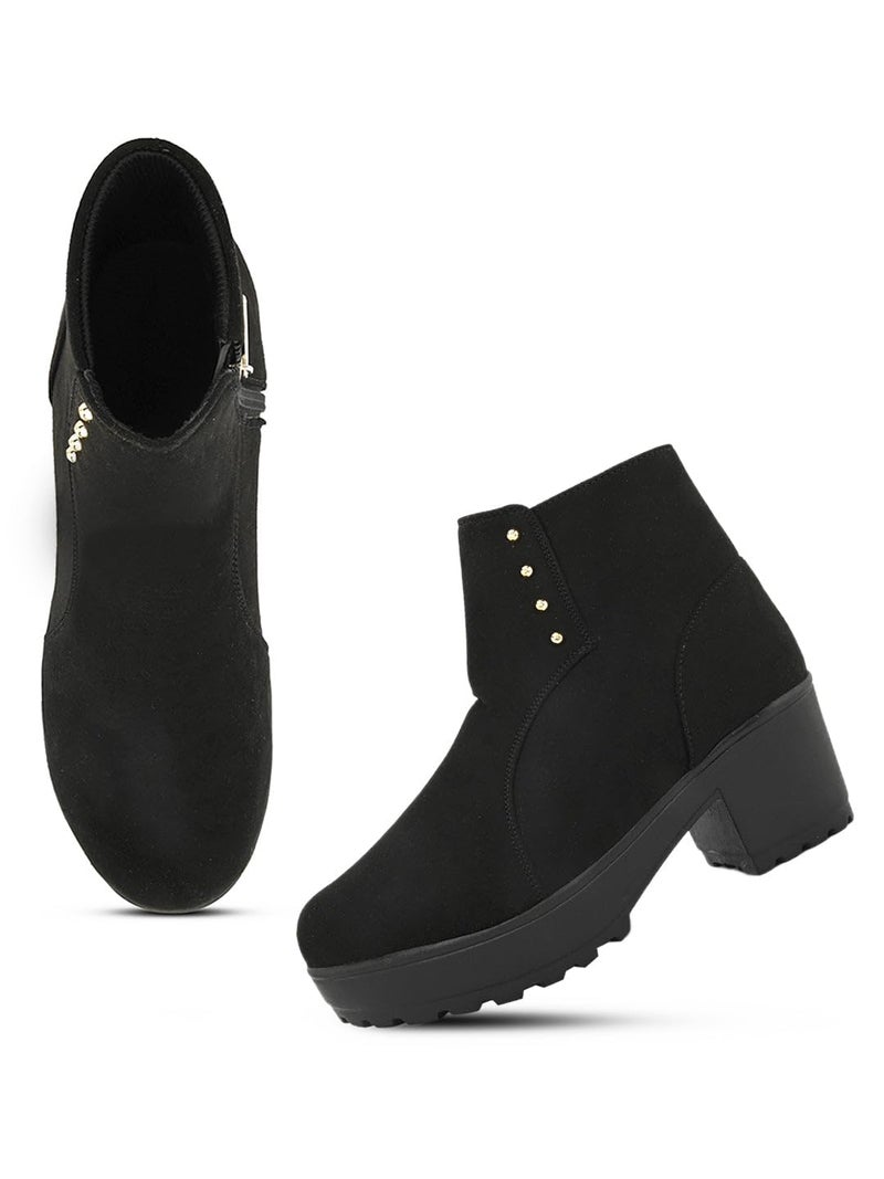 XE Looks 100% Vegan Leather Women's Black Suede Ankle Boots for Women | Chunky Heel with Decorative Studs | Comfortable & Stylish Winter Boots For Girls & Women - Image 1