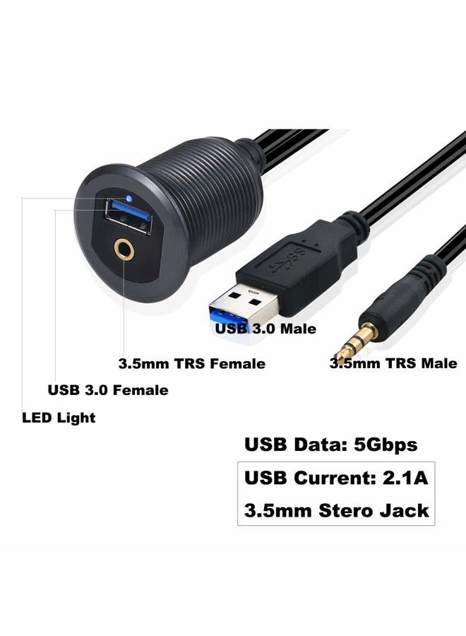 Kework Metal USB 3.0 Port & 3.5mm Jack Mount With Light, 3.3ft USB & 3.5mm Male to USB & 3.5mm Female Flush Mount Panel Mount Extension AUX Cable for Car Truck Boat Motorcycle Dashboard (Gray & 3.3ft) - Image 5