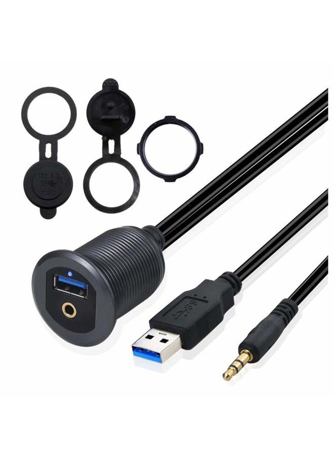 Kework Metal USB 3.0 Port & 3.5mm Jack Mount With Light, 3.3ft USB & 3.5mm Male to USB & 3.5mm Female Flush Mount Panel Mount Extension AUX Cable for Car Truck Boat Motorcycle Dashboard (Gray & 3.3ft) - Image 1