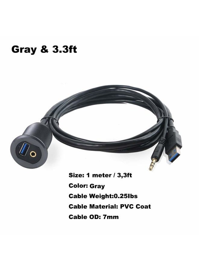 Kework Metal USB 3.0 Port & 3.5mm Jack Mount With Light, 3.3ft USB & 3.5mm Male to USB & 3.5mm Female Flush Mount Panel Mount Extension AUX Cable for Car Truck Boat Motorcycle Dashboard (Gray & 3.3ft) - Image 3