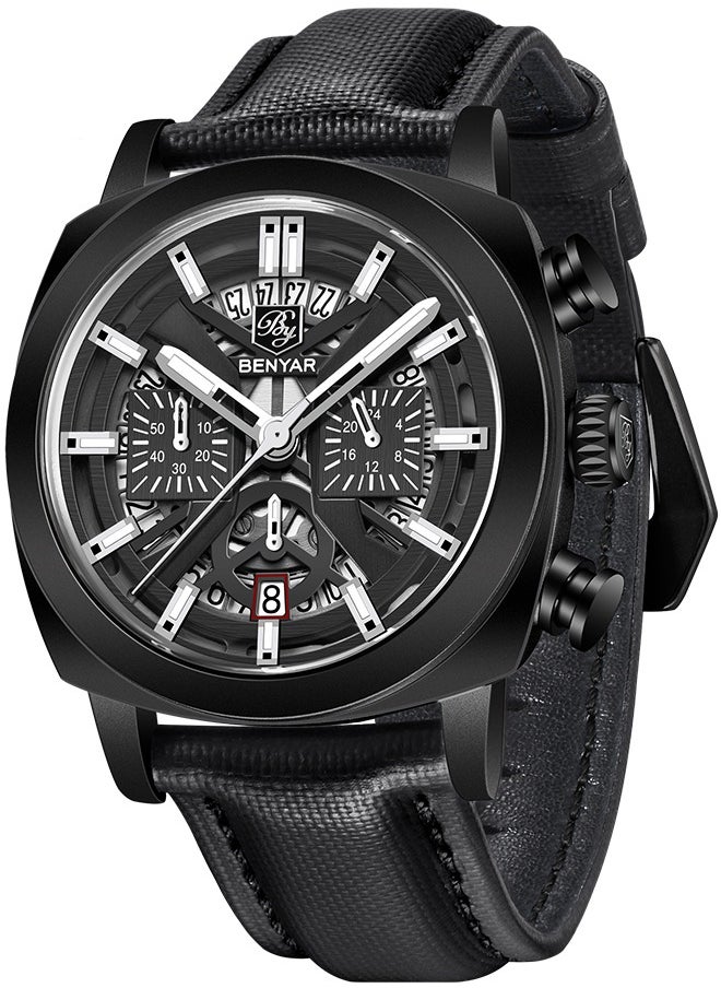 Men's Exquisite Quartz Watches, 43MM Stainless Steel Black Waterproof Frame, Luminous Hands, Date Display, Chronograph, All Black Dial, Black Leather Strap BY-5205 - pzsku/ZAD31CB32C82F9CE2BB79Z/45/_/1733370458/9314a269-f428-4151-8839-8f2e07ae6f51