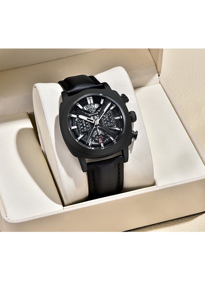 Men's Exquisite Quartz Watches, 43MM Stainless Steel Black Waterproof Frame, Luminous Hands, Date Display, Chronograph, All Black Dial, Black Leather Strap BY-5205 - pzsku/ZAD31CB32C82F9CE2BB79Z/45/_/1733370460/bd8bb621-c6e1-411d-a120-28b149d9f3c6