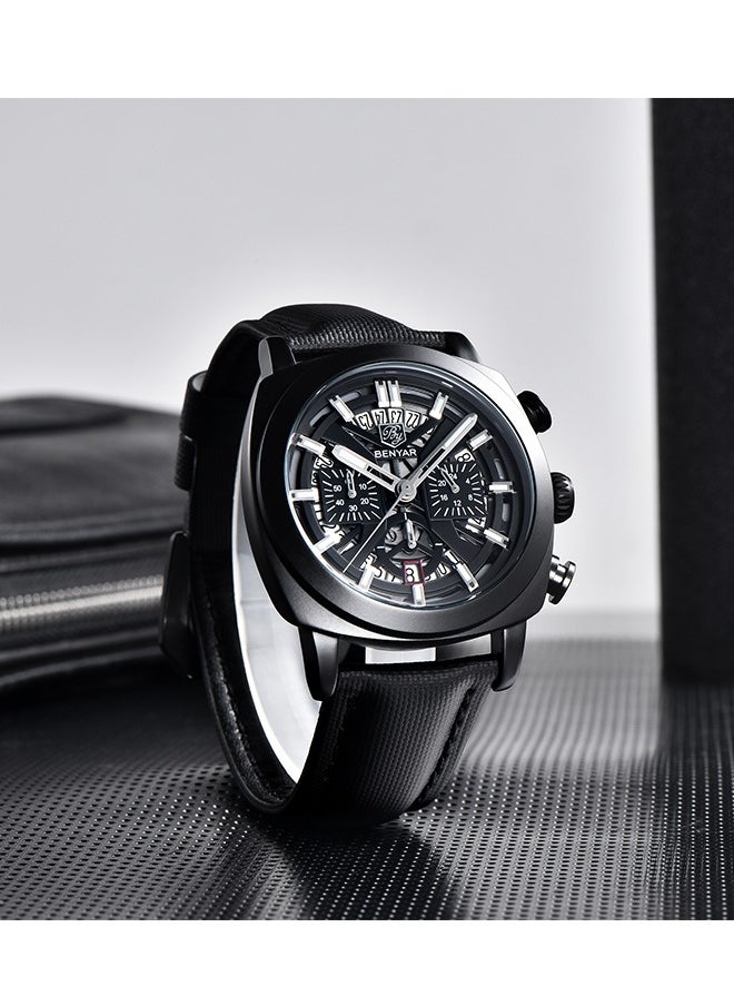 Men's Exquisite Quartz Watches, 43MM Stainless Steel Black Waterproof Frame, Luminous Hands, Date Display, Chronograph, All Black Dial, Black Leather Strap BY-5205 - pzsku/ZAD31CB32C82F9CE2BB79Z/45/_/1733370470/2321cb34-9a44-4f8b-96c7-2545dafb380c