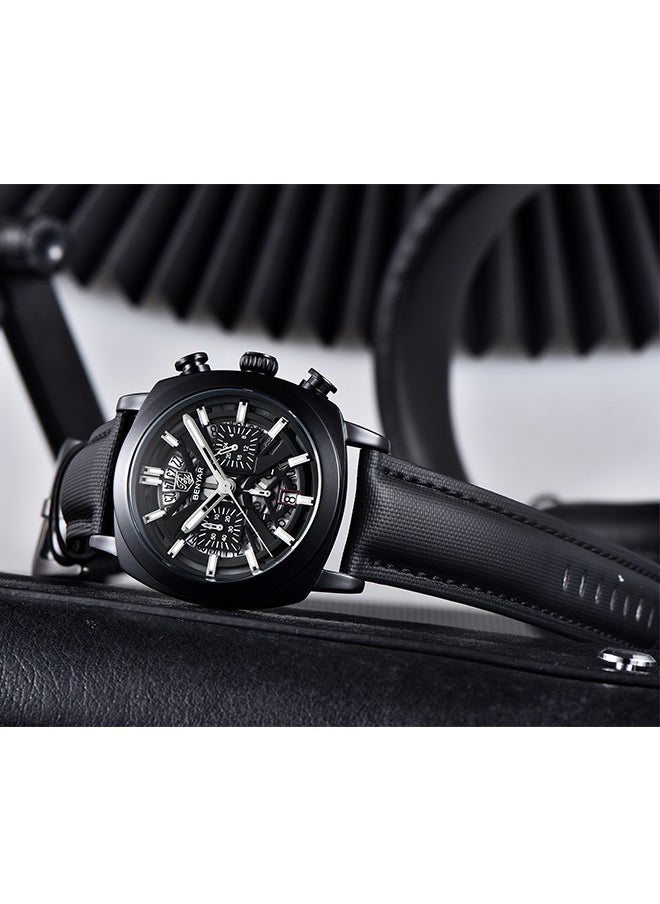 Men's Exquisite Quartz Watches, 43MM Stainless Steel Black Waterproof Frame, Luminous Hands, Date Display, Chronograph, All Black Dial, Black Leather Strap BY-5205 - pzsku/ZAD31CB32C82F9CE2BB79Z/45/_/1733370479/d553c332-b44a-4d90-99d1-beba29e1a826