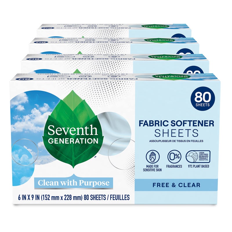 Seventh Generation Dryer Sheets Fabric Softener Free & Clear Fragrance Free 80 Sheets (Pack of 4) - Image 1