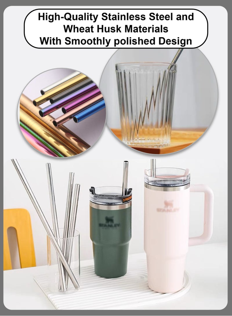 YooA Ultra-portable Reusable Stainless Steel Straws Set  | Eco-friendly, Cleaning Brush,Dishwasher-safe,Wheat Husk Case,for Coffee,Smoothies,Milkshakes,Cocktails, Bubble Tea(Black Box, Silver,6mm/8mm/12mm)  - Image 3