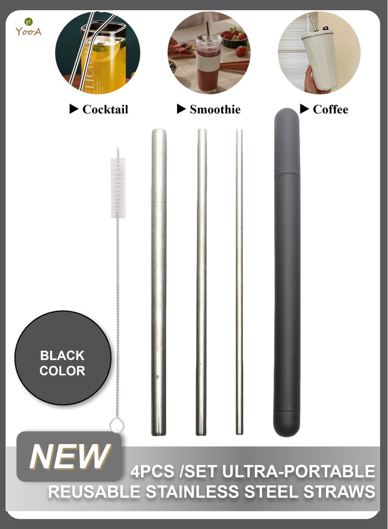 YooA Ultra-portable Reusable Stainless Steel Straws Set  | Eco-friendly, Cleaning Brush,Dishwasher-safe,Wheat Husk Case,for Coffee,Smoothies,Milkshakes,Cocktails, Bubble Tea(Black Box, Silver,6mm/8mm/12mm)  - Image 1