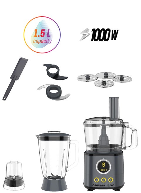 CARRERA Digital Food Processor No 568- 1000W, 1.5L Glass Jar, Multi-Functional with Stepless Speed, Digital Display, Pre-set Programs, Copper Motor, and Complete Accessories