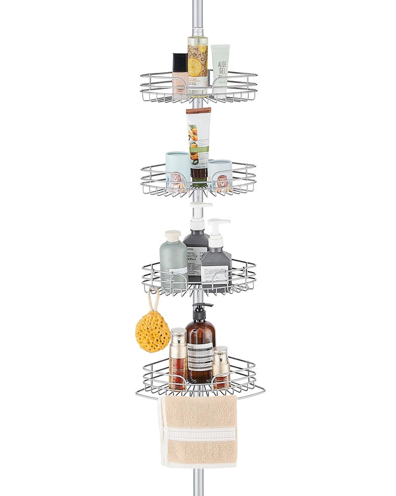 WPT Grey Shower Caddy Tension Pole for Bathroom Stainless Steel Corner Shower Caddy Organizer Stand for Bathtub Shampoo Storage 4 Tier Adjustable Shelves 287 to 1047 Inches